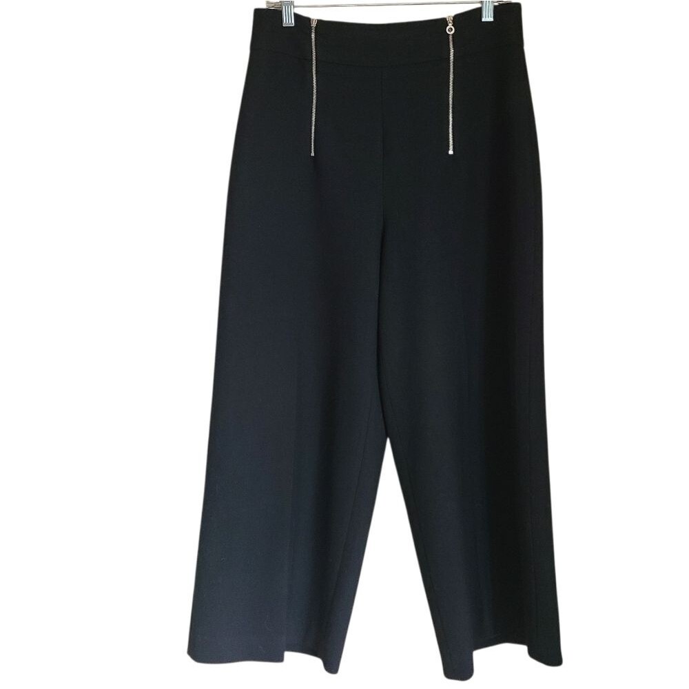 zara woman wide leg cropped trousers pants decorative zip closure black size L